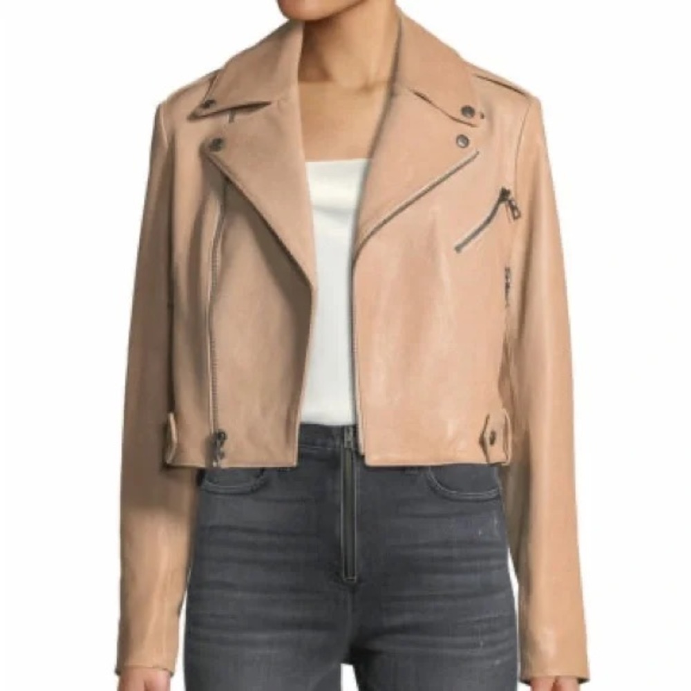 $595 Alice + Olivia cropped lamb leather Moto jacket nude large